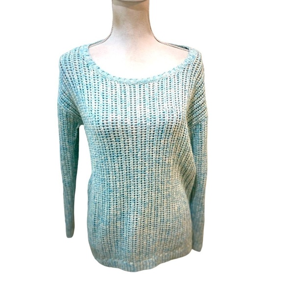 Talbots open weave aqua marled scoop neck cotton sweater side slits medium p - Picture 1 of 10